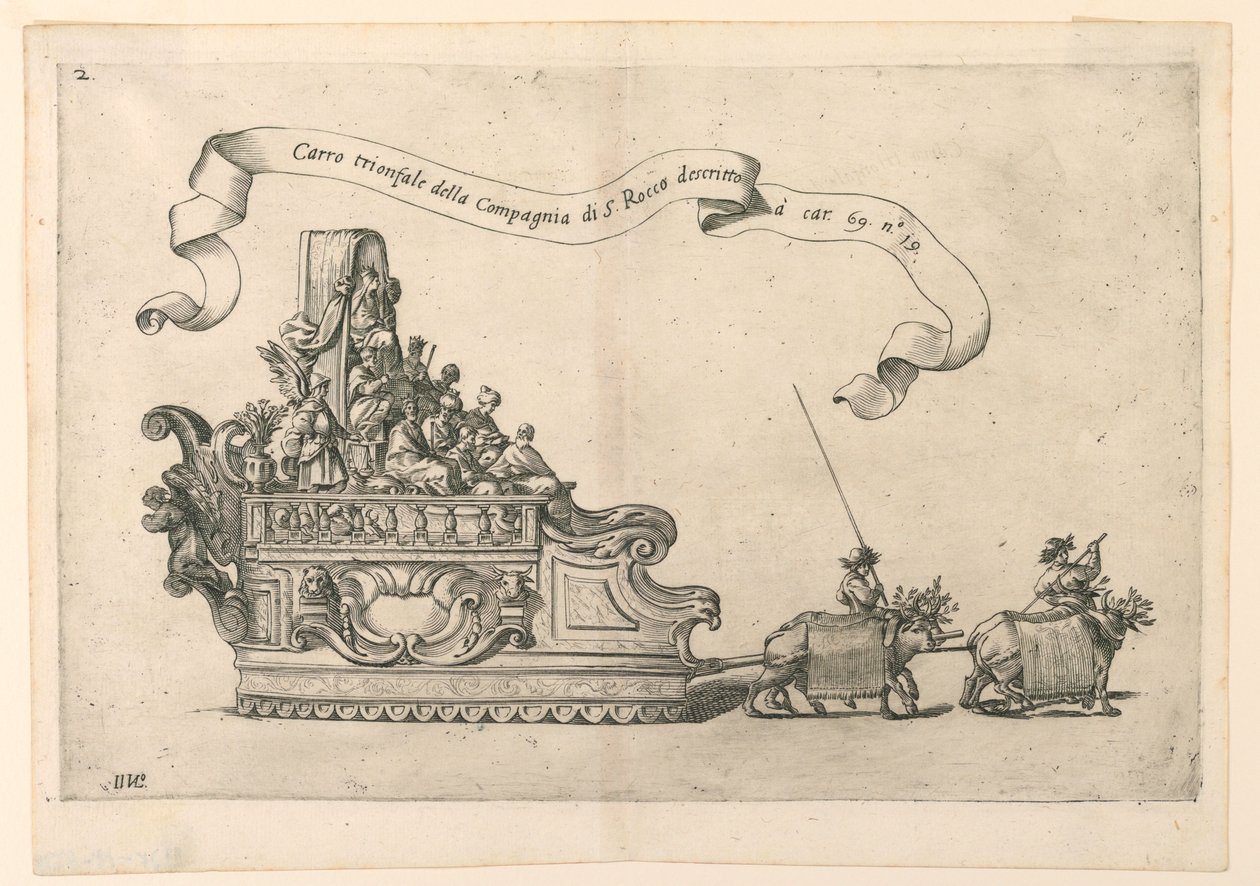 En paradeflott i Reggio, Italia: "The Triumphal Carriage of the Company of St. Roch". Plate 2b fra A. Isacchi, "Forholdet av Alfonso Isachi rundt Madonnaens opprinnelse, høytidelighet, oversettelse og mirakler av Giovanni Luigi Valesio