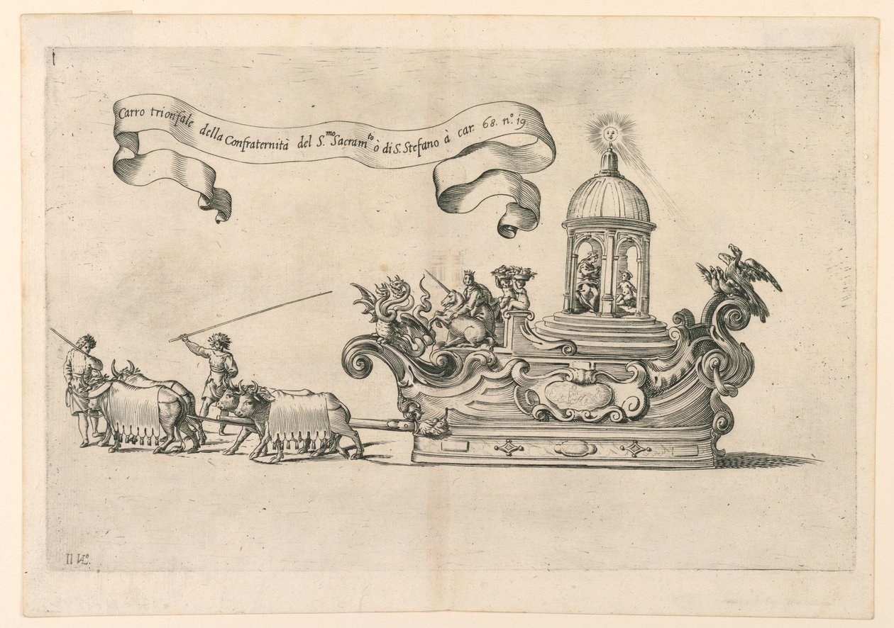 En paradeflott i Reggio, Italia: "The Triumphal Carriage of the Confraternity of the Holy Sacrament of St. Stephen". Plate 2a fra A. Isacchi, "Relation by Alfonso Isachi around the or av Giovanni Luigi Valesio