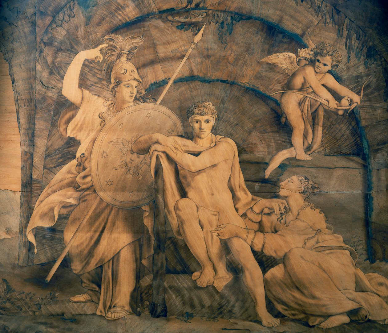 Hercules ved krysset mellom forfengelighet og berømmelse, innlagt treverk av Giovanni Maffezzoli (1779-1818) fra design av maleren Giuseppe Diotti, Italia av Giovanni Maffezzoli