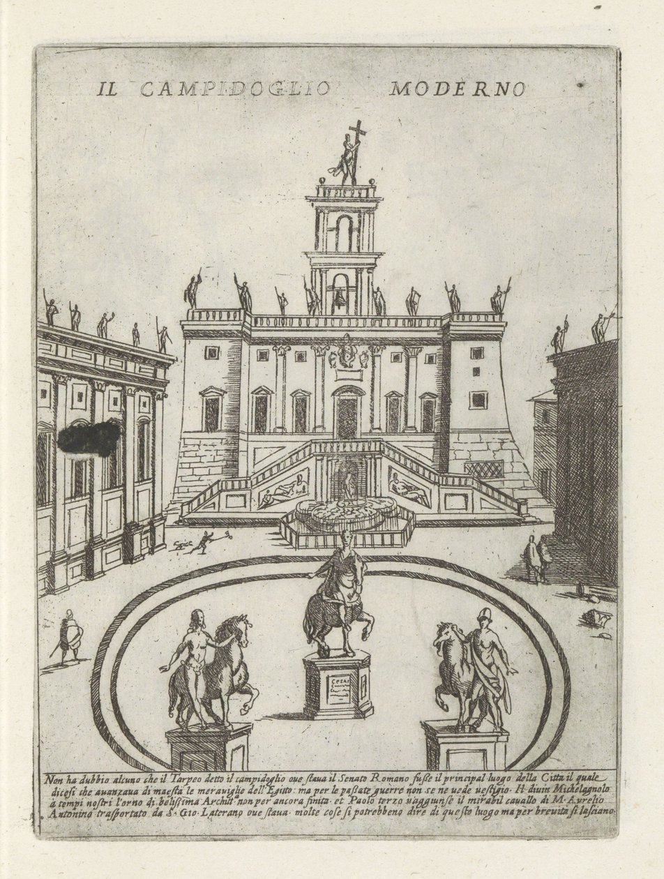 Capitool te Roma Il Campidoglio moderni (tittel på objekt) Moderne en antikke monumenten og bygging i Roma (serietittel) Ornamenti di fabriche antica et moderni dell' alma citta di Roma (serietittel) av Giovanni Maggi