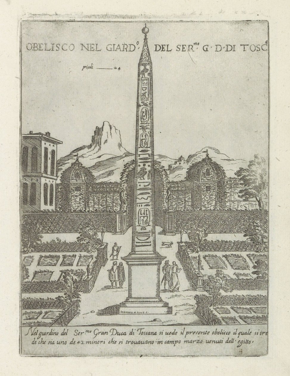Egyptisk obelisk i hagen til Villa Medici i Roma Obelisco nel giard.o del ser.mo G. D. Di Tosc.a (tittel på objekt) Moderne og gamle monumenter og bygninger i Roma (serietittel) Ornamenti di fabriche antichi et moderni dell