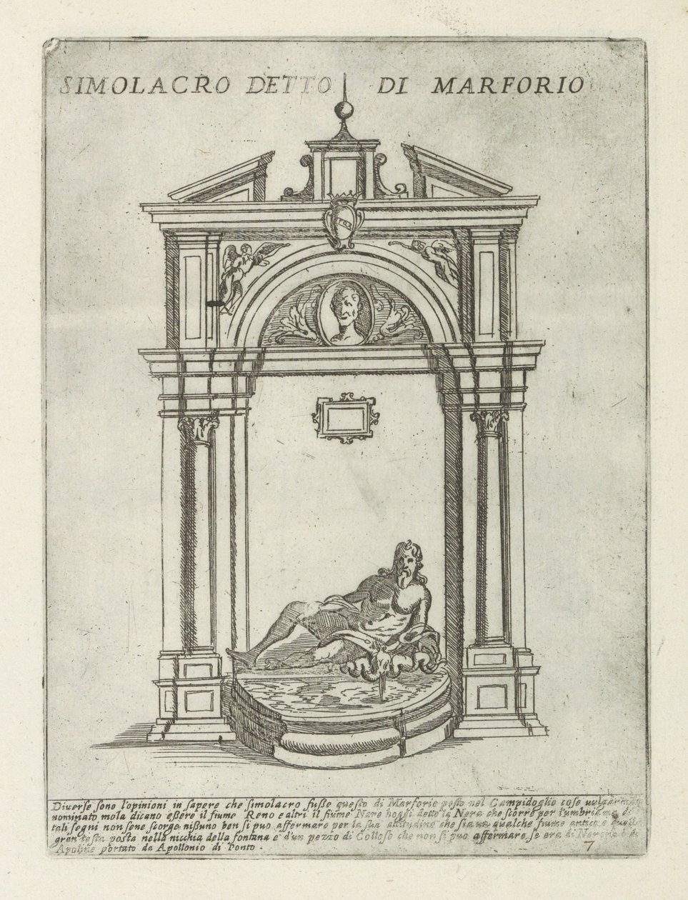 Fontene med statuen av Marforio Simolacro detto di Marforio (tittel på objekt) Moderne og eldgamle monumenter og strukturer i Roma (serietittel) Ornamenti di fabriche antichi et moderni dell' alma citta di Roma (serietittel) av Giovanni Maggi