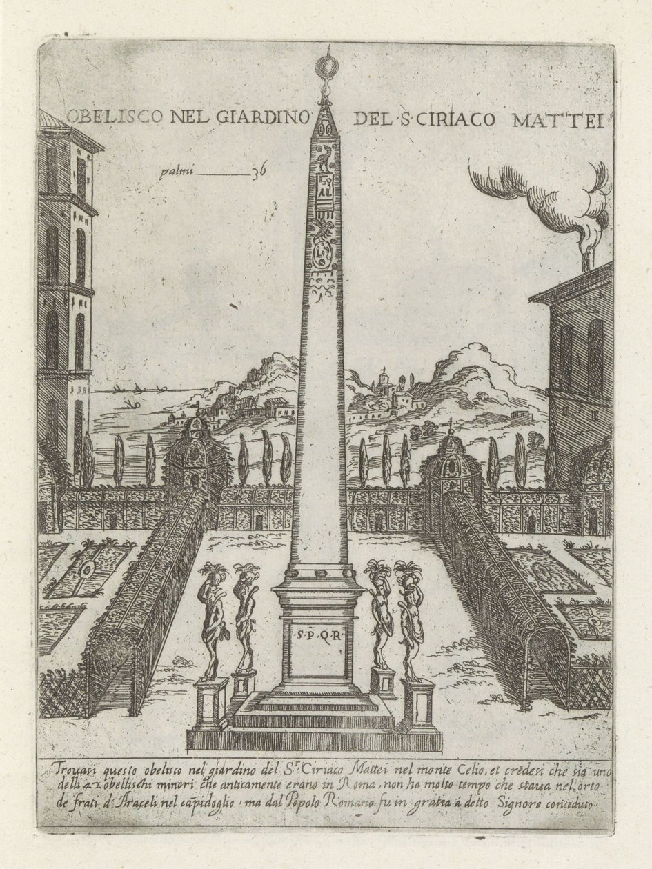 Obelisk i hagen av Ciriaco Mattei Obelisk i hagen til S ciriaco Mattei (tittel på objekt) Moderne og antikke monumenter og byggverk i Roma (serietittel) Ornamenter av gamle og moderne bygninger i Alma-byen Roma (serietittel) av Giovanni Maggi