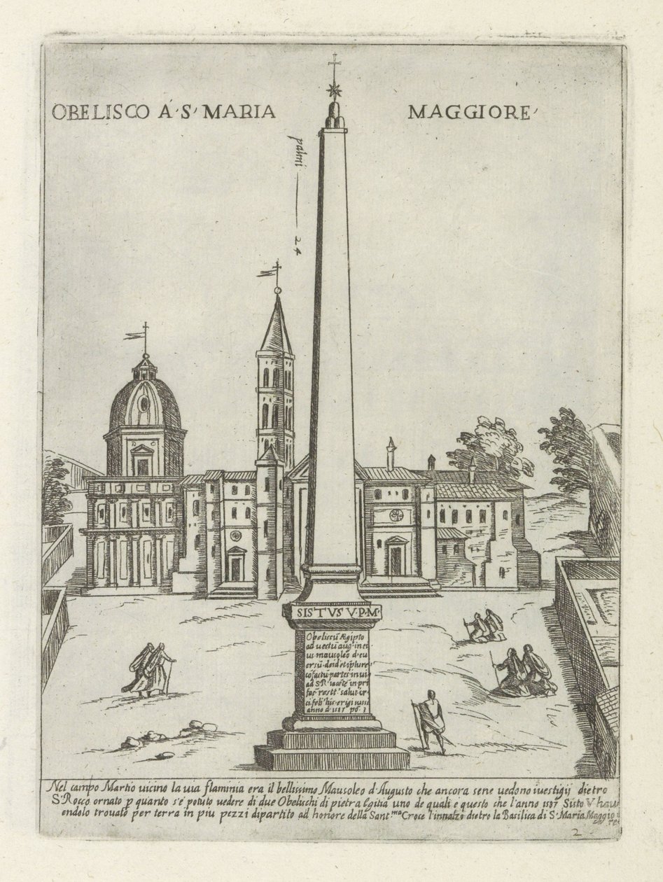 Obelisk foran Santa Maria Maggiore Obelisco a S. Maria Maggiore (tittel på objekt) Moderne og eldgamle monumenter og strukturer i Roma (serietittel) Ornamenti di fabriche antichi et moderni dell' alma citta di Roma (serietittel) av Giovanni Maggi