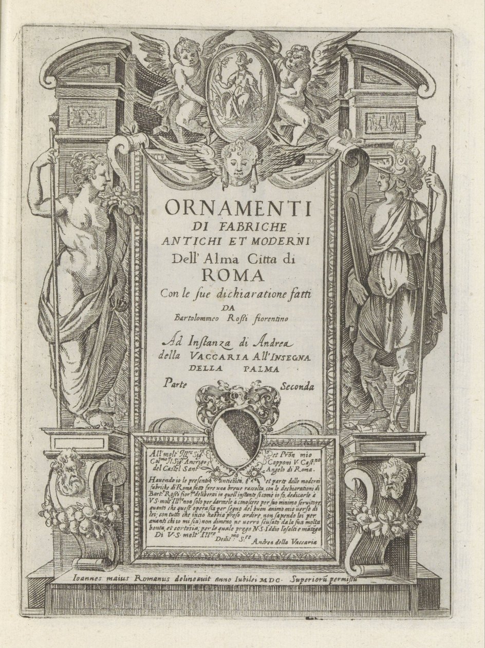 Titteltrykk med allegoriske figurer og putti Moderne og gamle monumenter og bygninger i Roma (serietittel) Ornamenti di fabriche antichi et moderni dell