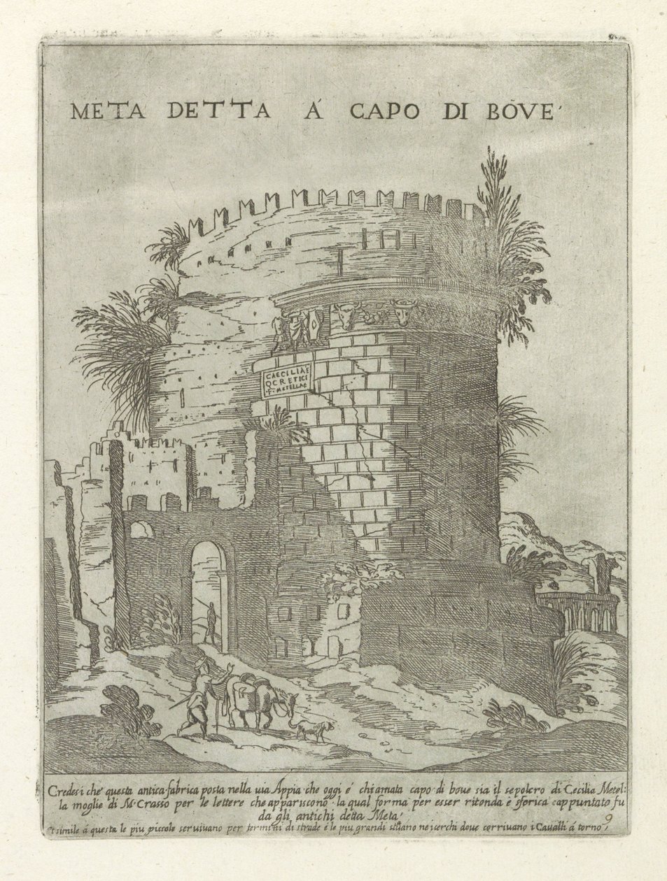 Tombe van Caecilia Metella te Roma Meta sa i spissen for okse (tittel på objekt) Moderne og antikke monumenter og byggverk i Roma (serietittel) Ornamenter av eldgamle og moderne bygninger i Alma-byen Roma (serietittel) av Giovanni Maggi