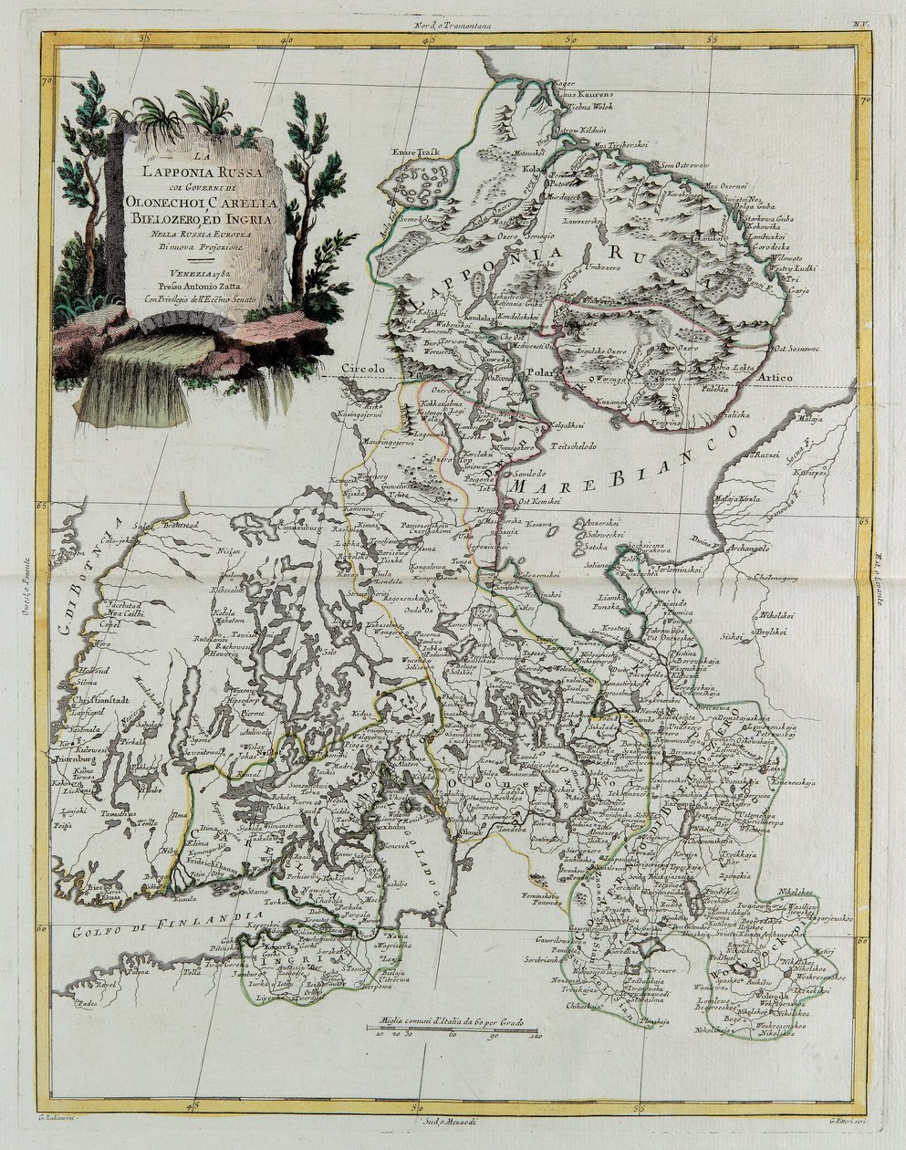 Russisk Lappland med regjeringer i Olonecholi, Carelia, Bielozero og Ingria i det europeiske Russland, fra Tome III av "New Atlas", gravert av G. Zuliani av Giovanni Marco Pitteri