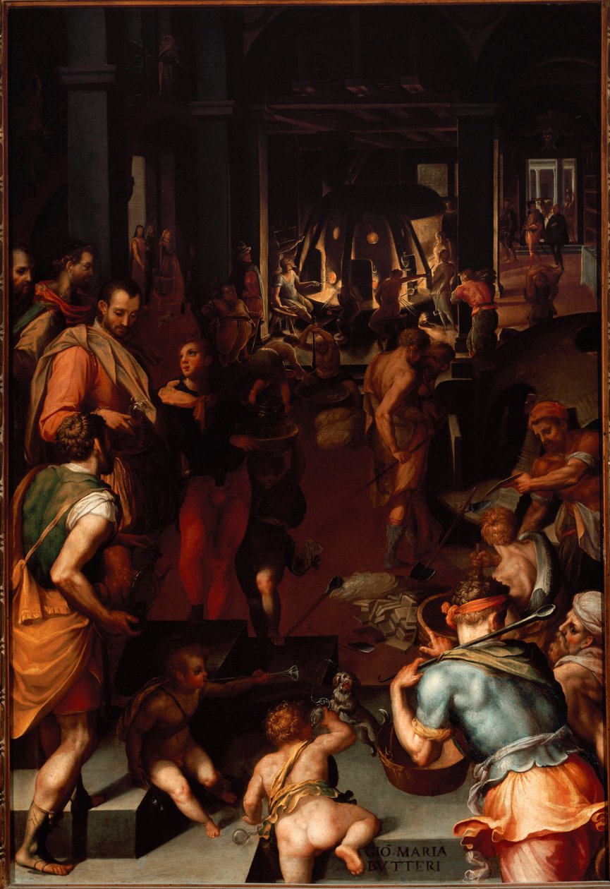 Glassproduksjonsverksteder. (Maleri av Giovanni Maria Butteri