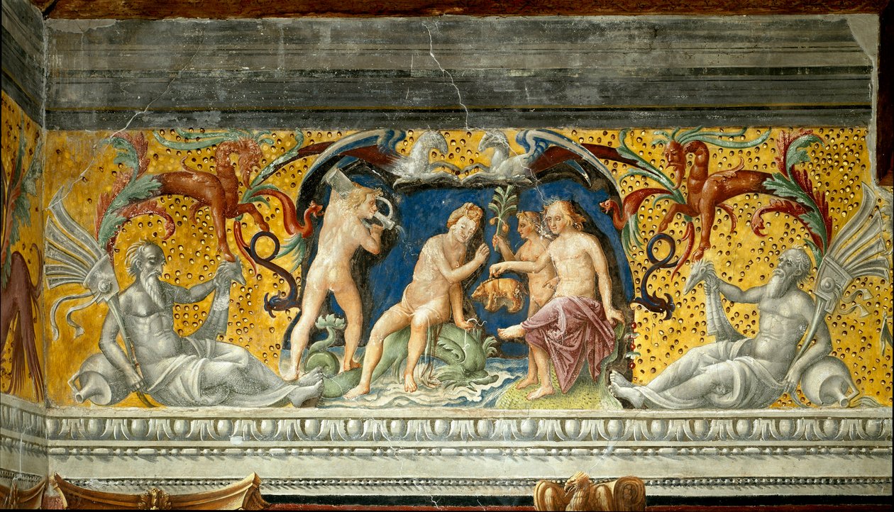 En marin guddom tilbys en liten villsvin. Detalj av en frise tilskrevet Giovanni Maria Falconetto (1468-1534) 1520 rundt Mantua, Palazzo d