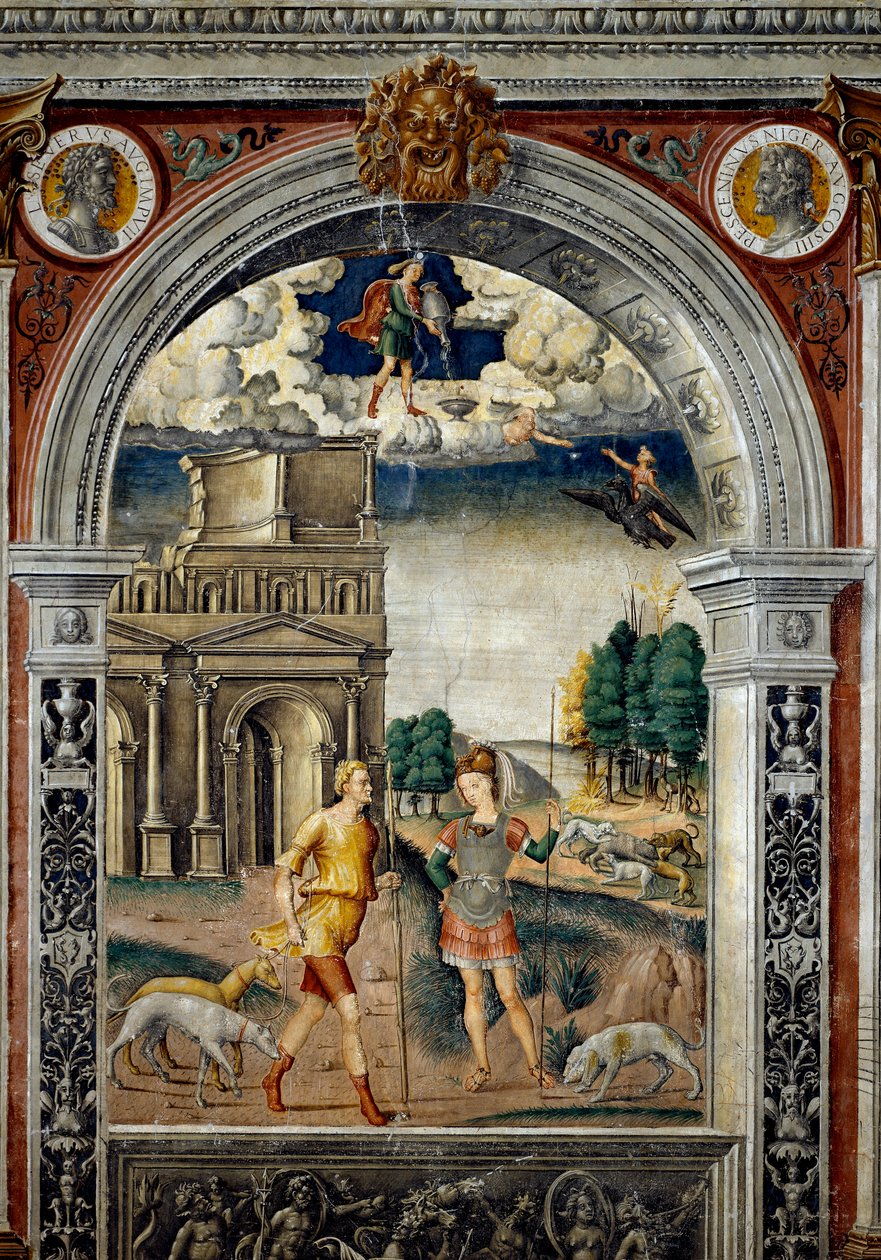 Stjernetegn: "" Aquarius"" På toppen medaljonger med portretter av keiserne Septime Severe og Pescennius Niger, hans rival. Nedenfor, legende assosiert med fødselen av stjernebildet som tilsvarer tegnet: den guddommelige Diana med en jeger foran av Giovanni Maria Falconetto