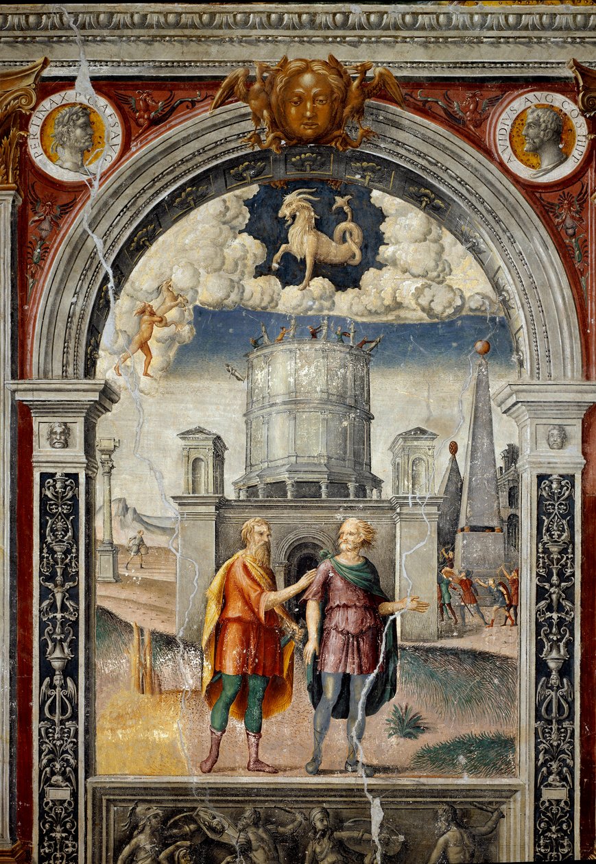 Stjernetegn: "" Steinbukken"" På toppen medaljonger med portretter av keiser Publius Helvius Pertinax og romersk general Aidius Cassius. Nedenfor, legende assosiert med fødselen av stjernebildet som tilsvarer tegnet: guden Jupiter og Pan i av Giovanni Maria Falconetto