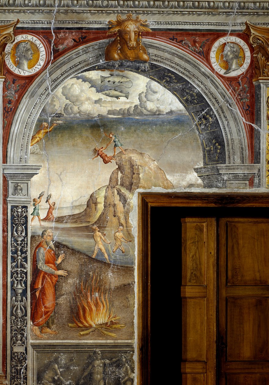Stjernetegn: "" Fiskene"" Toppmedaljonger med portretter av keiser Caracalla og broren Geta. Nedenfor, legende assosiert med fødselen av stjernebildet som tilsvarer tegnet: scene de peche. Fresco tilskrevet Giovanni Maria Falcon av Giovanni Maria Falconetto