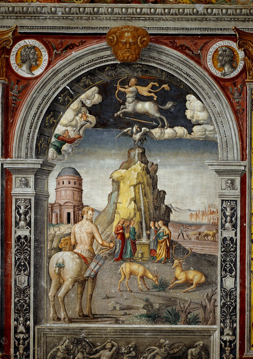 Stjernetegn: "" Skytten"" På toppen medaljonger med portretter av keiserne Didius Julianus og Commodus. Nedenfor, legende assosiert med fødselen av stjernebildet som tilsvarer tegnet: utsikt over Mount Helicon med fontenene Aganippe a av Giovanni Maria Falconetto
