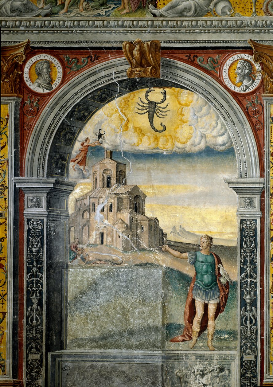 Stjernetegn: "" Skorpionen"" På toppen medaljonger med portretter av keiserne Marc Aurele og Lucius Verus. Nedenfor, legende assosiert med fødselen av stjernebildet som tilsvarer tegnet: en kriger med en falk, ser på en kvinne bitt av en av Giovanni Maria Falconetto