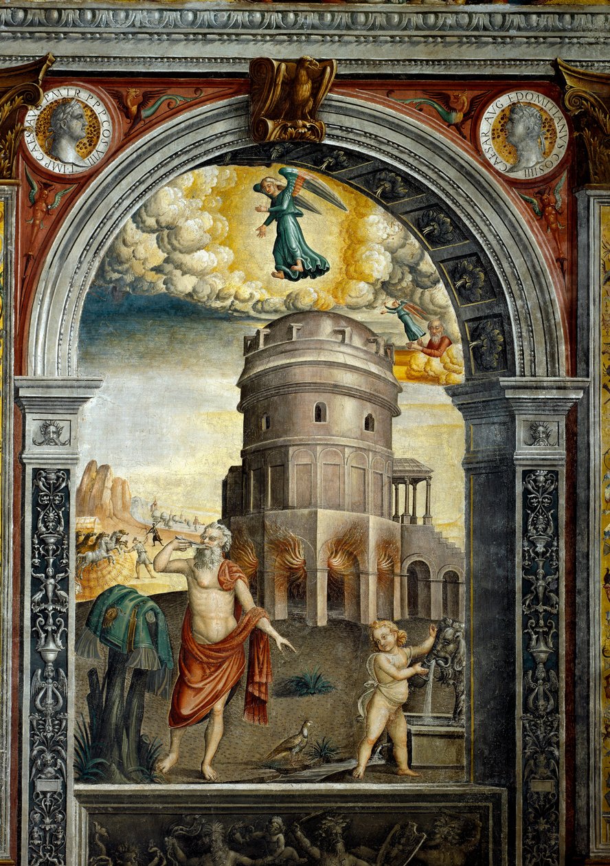 Stjernetegn: "" Jomfruen"" På toppen medaljonger med portretter av keiserne Titus og Domitian. Nedenfor, legende assosiert med fødselen av stjernebildet som tilsvarer tegnet: en mann som drikker foran mausoleen til Theodoric i Ravenna. F av Giovanni Maria Falconetto