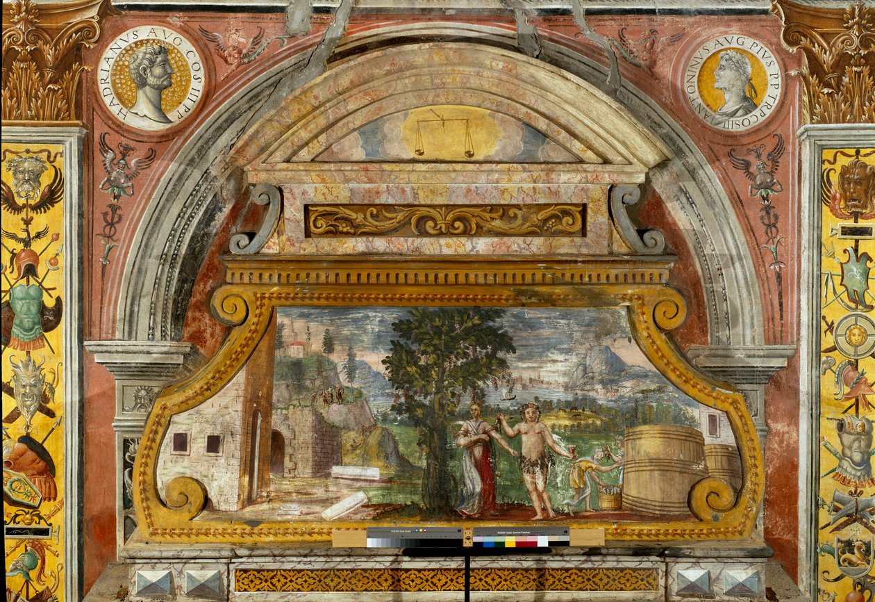 Stjernetegn: "" Balansen""" På toppen medaljonger med portretter av keiserne Hadrian og Antonin den fromme. Den originale fresken er forringet. Scene som viser guddommen Bacchus. Fresco tilskrevet Giovanni Maria Falconetto (1468-1534) 1520 ca. av Giovanni Maria Falconetto