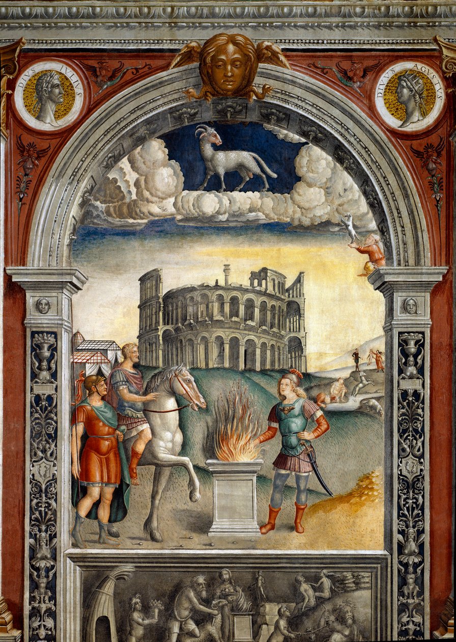 Stjernetegn: “” The belier””” På toppen medaljonger med portretter av Jules Cesar og Augustus. Nedenfor, legende assosiert med fødselen av stjernebildet som tilsvarer tegnet: Caius Mucius Scaevola, introdusert i fiendens leir til etruskisk ki av Giovanni Maria Falconetto