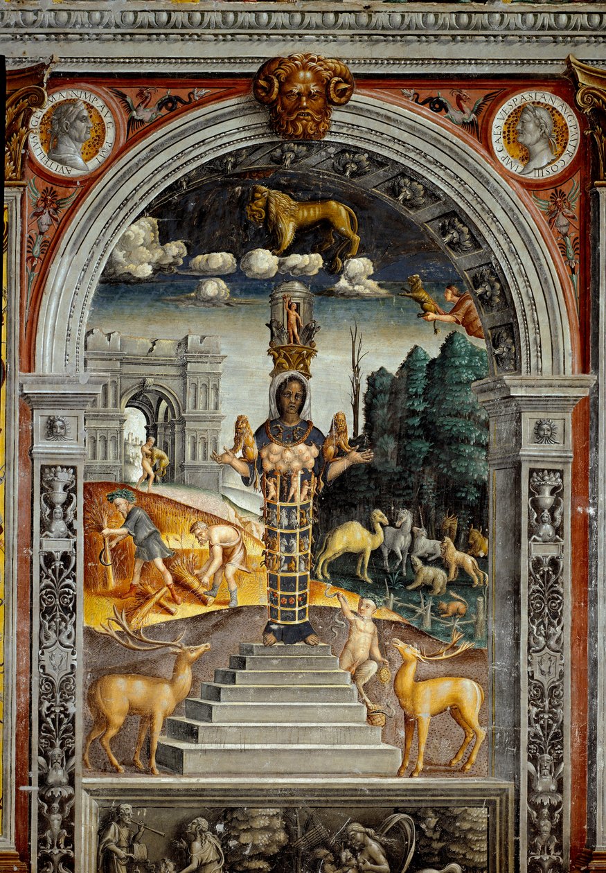 Stjernetegn: "" Løven""" På toppen medaljonger med portretter av keiserne Vitellius og Vespasian. Nedenfor, legende assosiert med fødselen av stjernebildet som tilsvarer tegnet: guddommen Artemis of Efese. Fresco tilskrevet Giovann av Giovanni Maria Falconetto