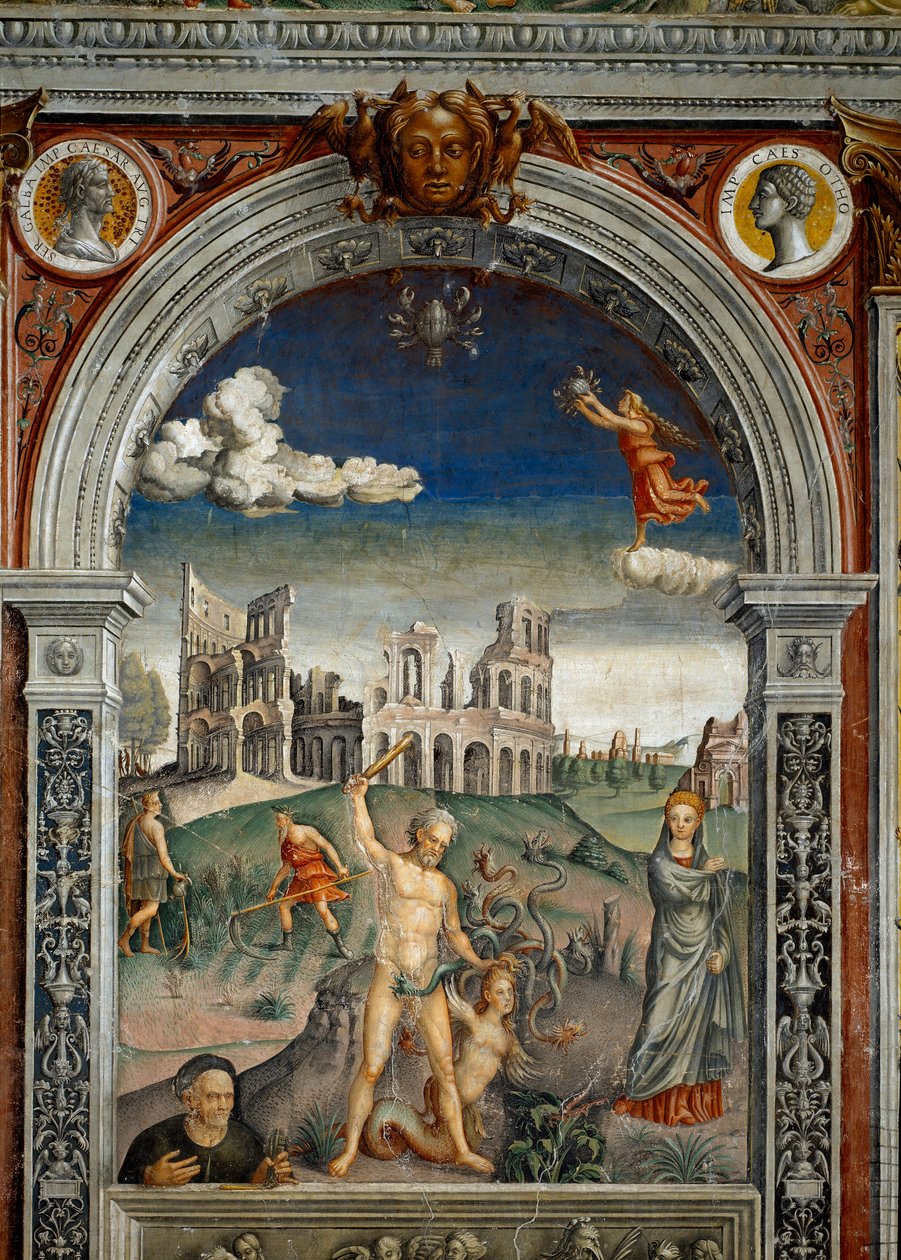 Dyrekretsens tegn: "" Krepsen"" Nedenfor, legende assosiert med fødselen av stjernebildet som tilsvarer tegnet: Hercules dreper Hydra av Lerne foran Colisee of Roma. Toppmedaljonger med portretter av keiserne Galba og Othon. Fresco av Giovanni Maria Falconetto