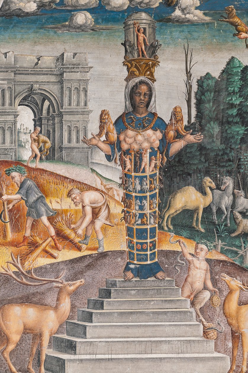 Det astrologiske tegnet til Løven med Diana, to hjorter og en satyr som på en sarkofag i Bleinhaim-palasset; i bakgrunnen Arco degli Argentari i Roma og Hercules som kjemper mot Nemean-løven, Chamber of the Zodiac (Camera dello Zodiaco), detalj av Giovanni Maria Falconetto