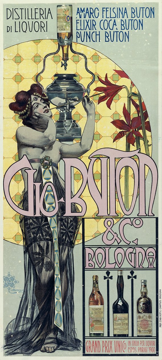 Reklameplakat for brennevinsdestilleriet Gio Buton og C Bologna av Giovanni Maria Mataloni