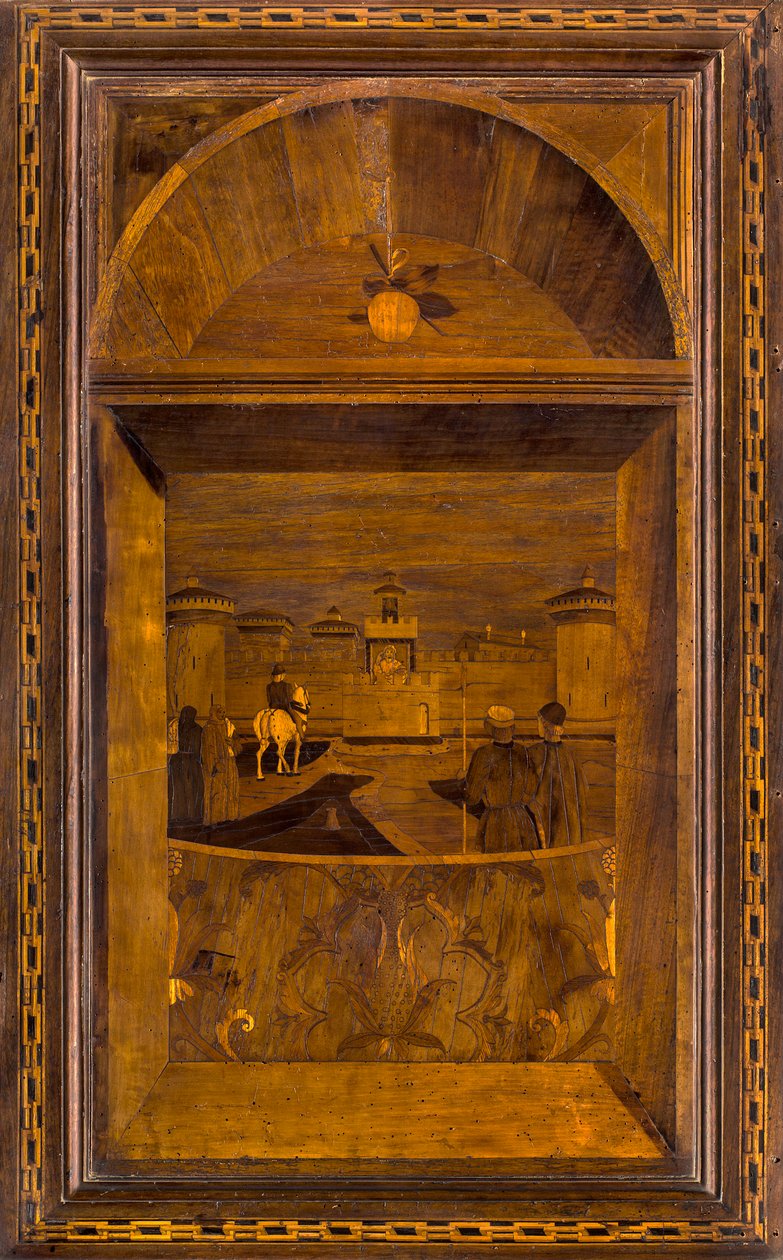 Lignaean Canonical Choir, innlagt av Giovanni Maria Platina 1484, Superior Stallo, utsikt over Sforzesco-slottet i Milano av Giovanni Maria Platina