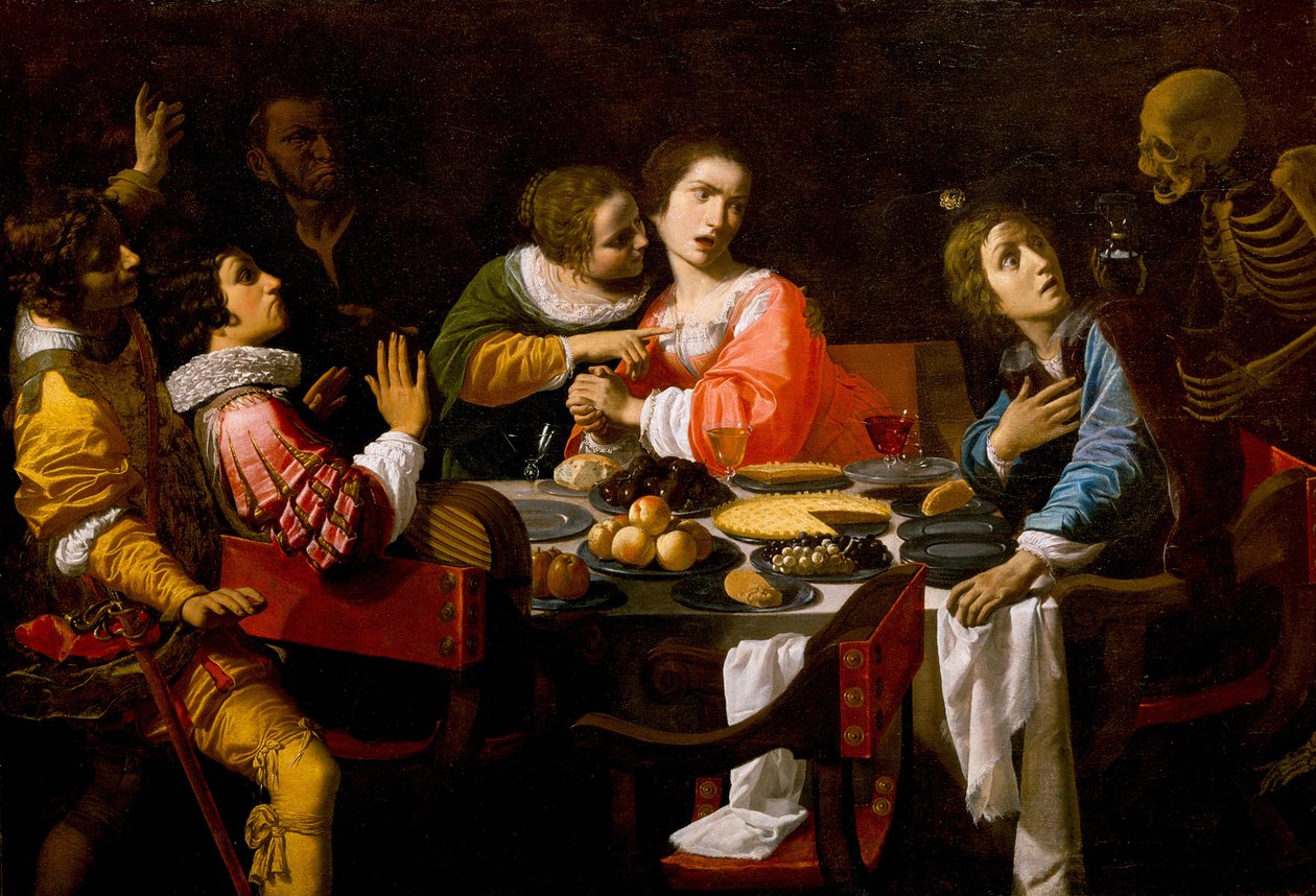 Døden kommer til bankettbordet Memento Mori, ca. 1635 av Giovanni Martinelli