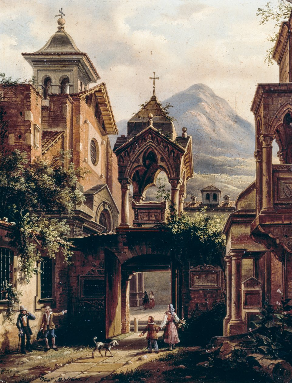 Eksteriør av gammelt kloster med personer, av Giovanni Migliara (1785-1837) (signert Teodolinda Migliara), olje om bord av Giovanni Migliara