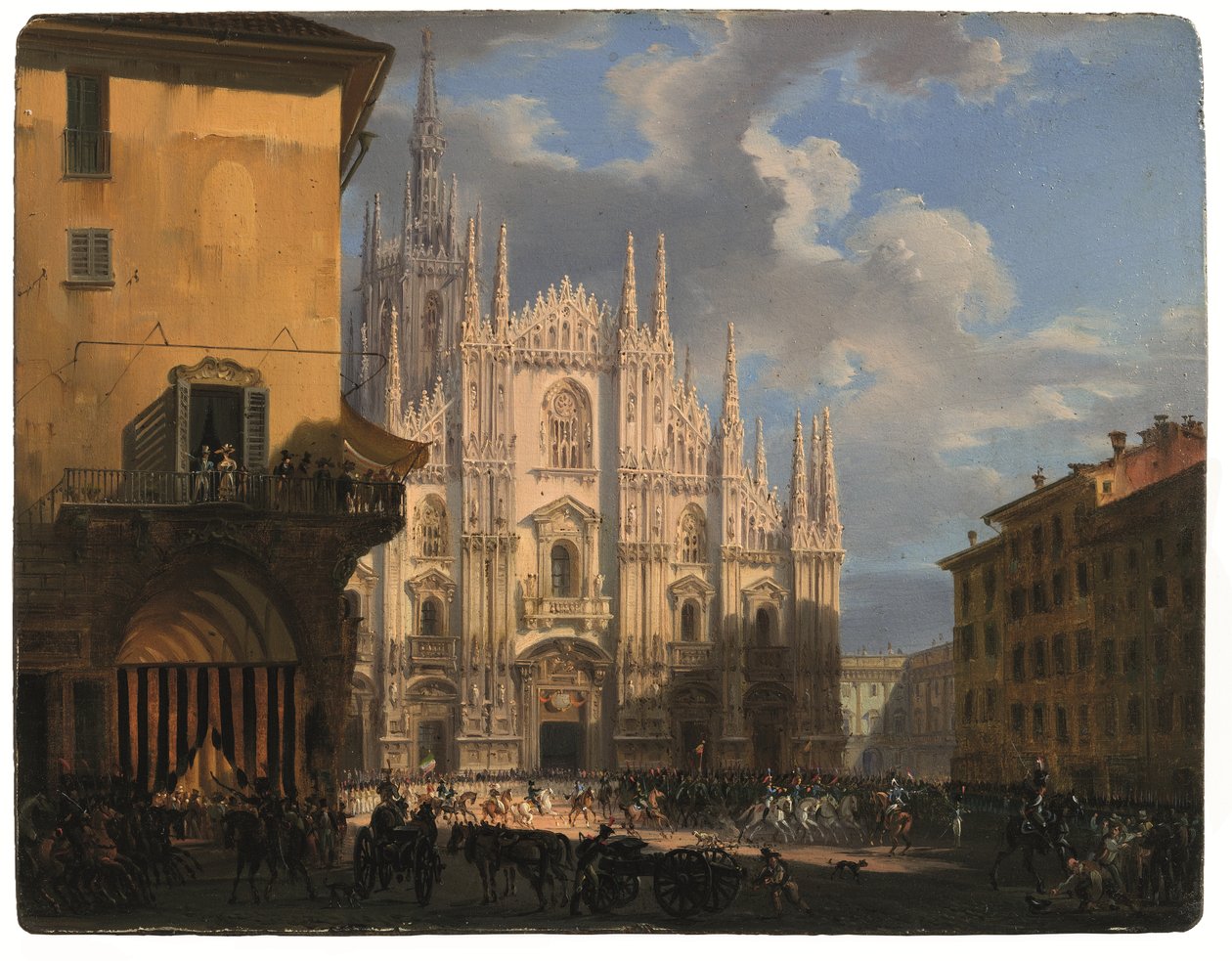 Utsikt over Piazza Duomo med dekket dei Figini og Isolate del Rebecchino, Milano (olje på panel) av Giovanni Migliara