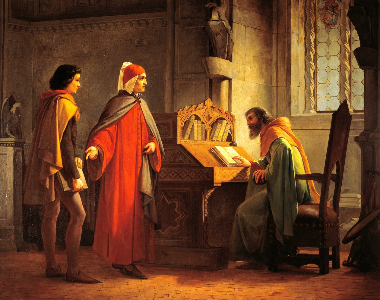 Dante Alighieri (1265-1321) presenterer Giotto til Guido da Polenta, av Giovanni Mochi (1829-1892), olje om bord av Giovanni Mochi