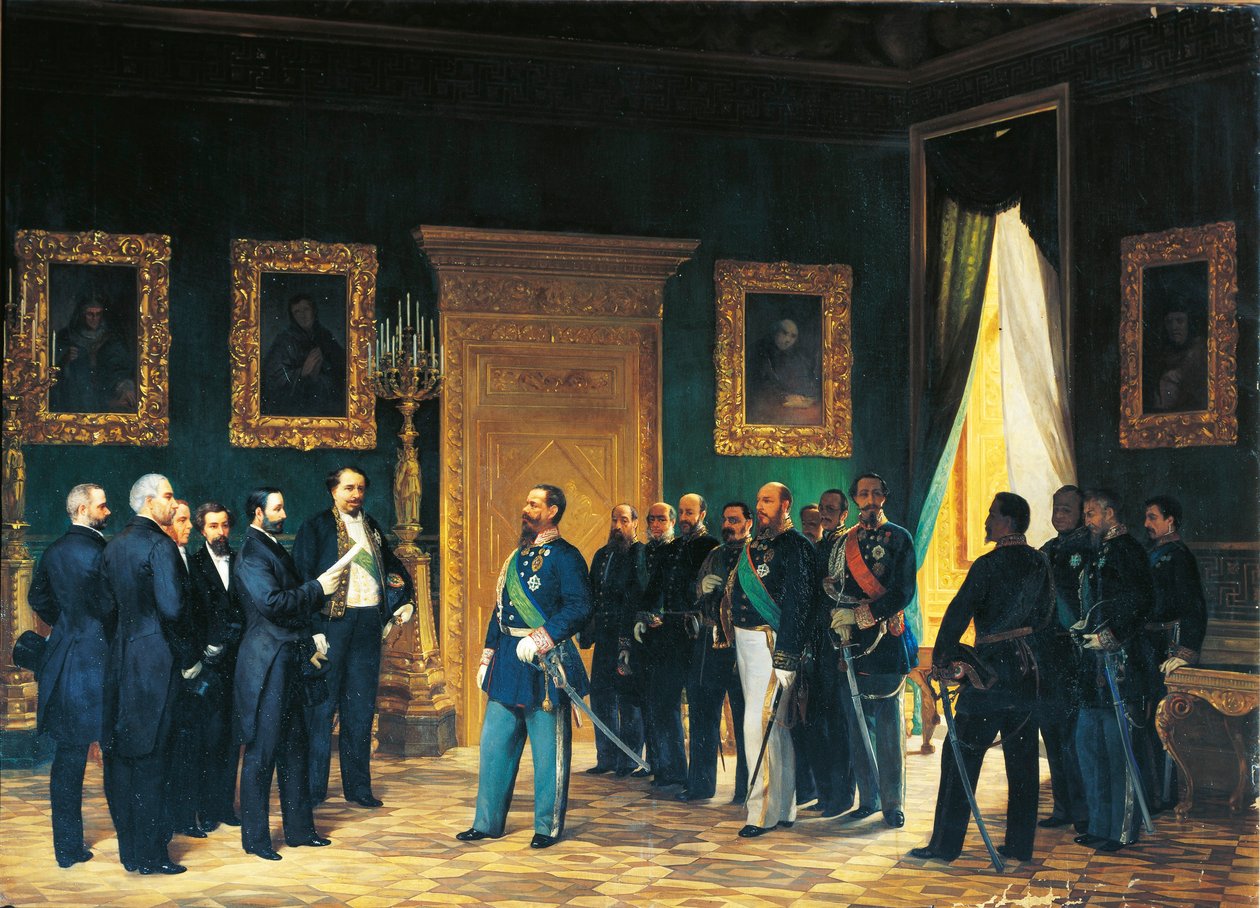 Andre uavhengighetskrig - Victor Emmanuel fra Savoy mottar toskanske utsendinger med dekretet om annekteringen av Toscana til det italienske riket av Giovanni Mochi