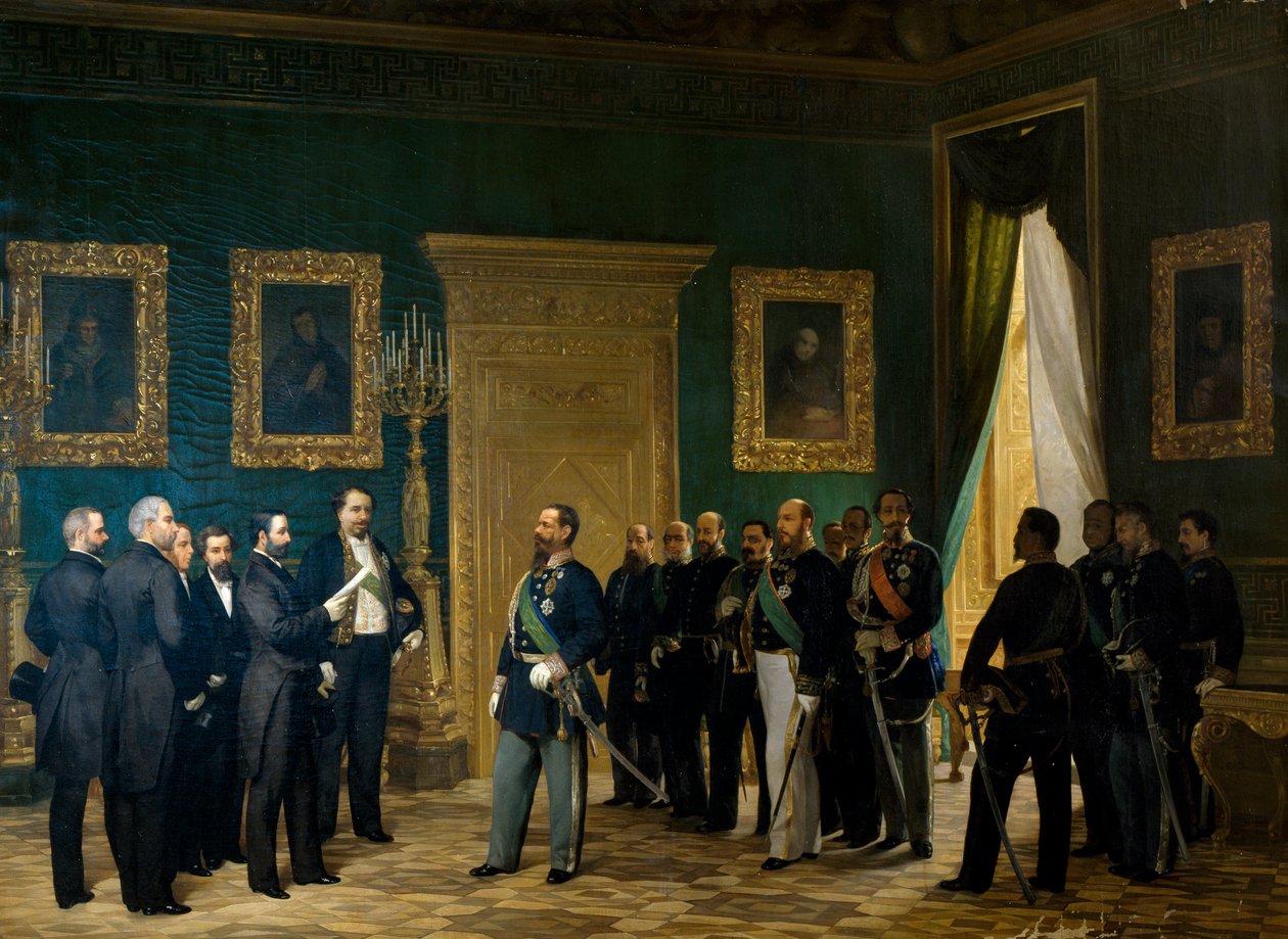Victor Emmanuel II mottar toskanske representanter med dekretet om annektering til kongeriket. Italia av Giovanni Mochi