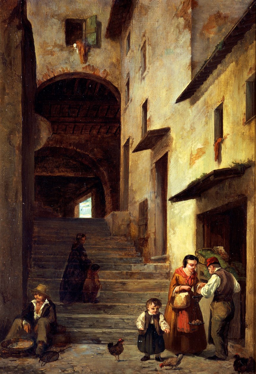 Utsikt over en gate i Sestri Levante, Riviera of Genova, ca 1863, av Giovanni Mochi (1829-1893), olje på lerret, 40x30 cm. av Giovanni Mochi