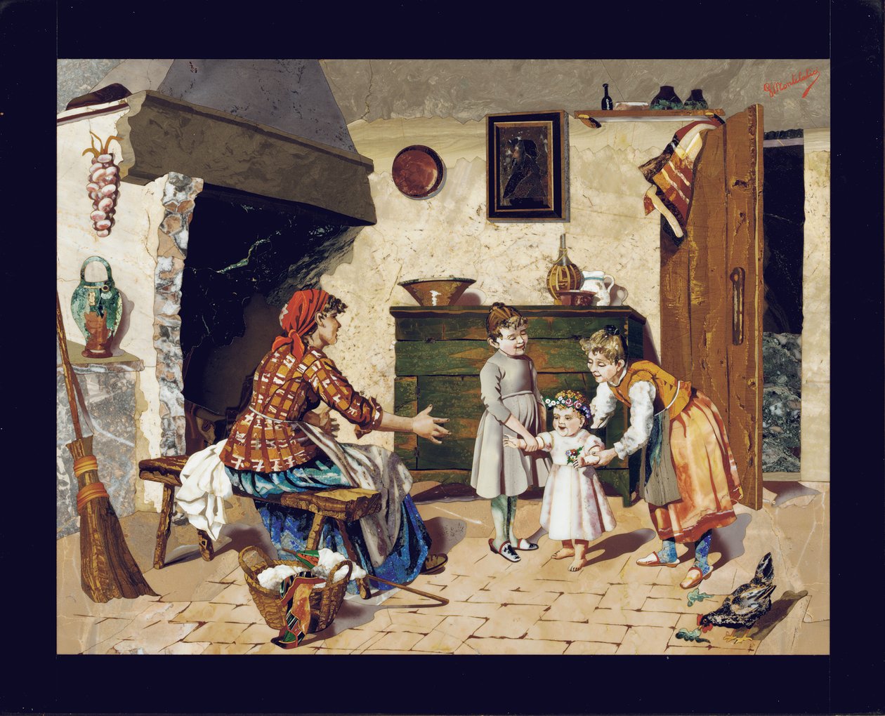 Billedplate som viser en interiørscene i hytte med mor, to unge jenter og et spedbarn som tar sine første skritt, Firenze, ca. 1900-10 (pietra dura) av Giovanni Montelatici