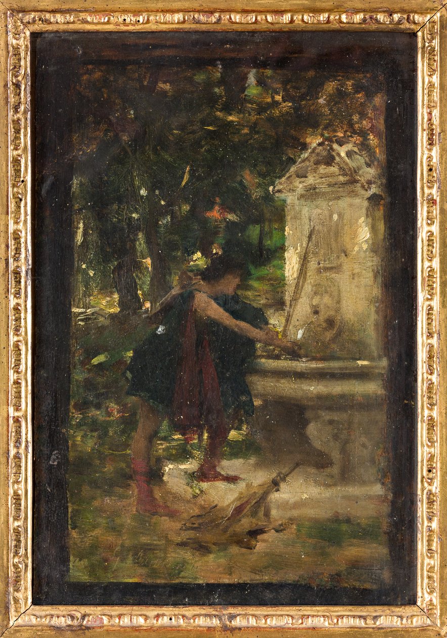 Ved fontenen (olje om bord) av Giovanni Muzzioli