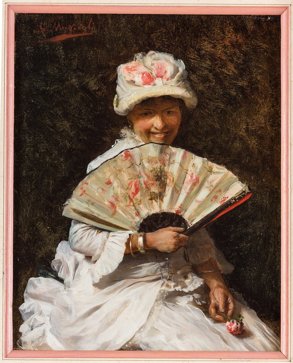 Dame med vifte (olje på lerret) av Giovanni Muzzioli
