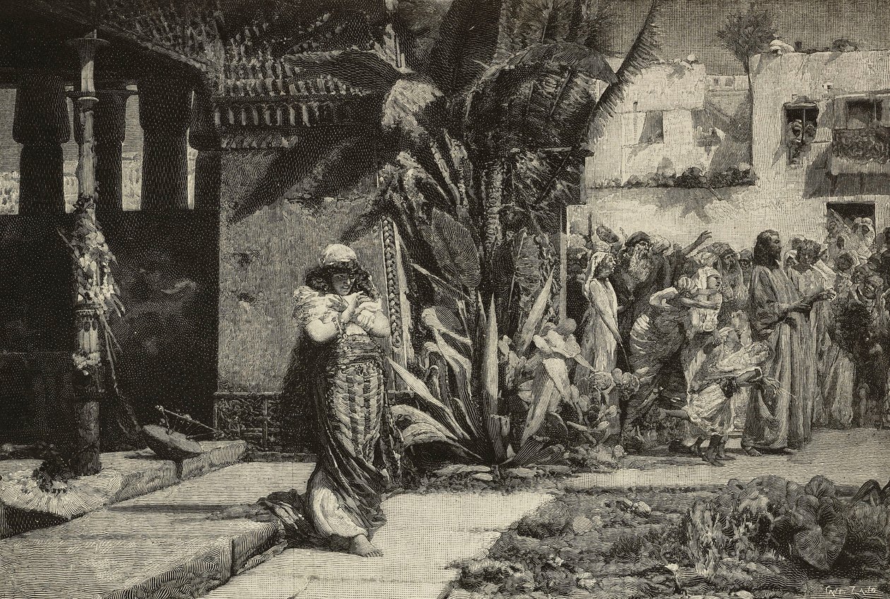Magdalene, kvinne med turban og prosesjon i landsbyen i Midtøsten, gravering av brødrene Cantagalli fra maleri av Giovanni Muzzioli (1854-1894), Modena, Italia fra L