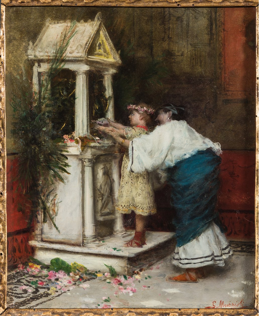 Mor og datter foran et lite tempel (olje på lerret) av Giovanni Muzzioli