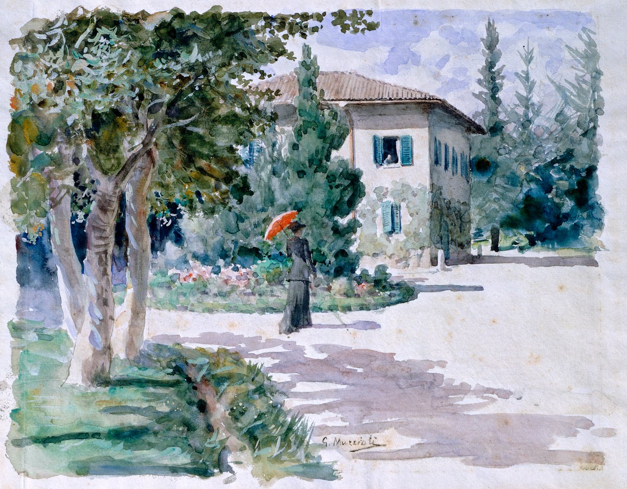 Rød paraply av Giovanni Muzzioli (1854-1894), akvarell på lett papir, 305x392 mm av Giovanni Muzzioli