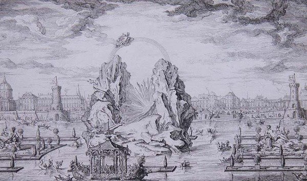 Fyrverkeri for å feire fødselen til Dauphin (sønn av Louis XV) gravert av Jean Dumont (Le Romain) (1701-81) 1730 (radering) av Giovanni Niccolo (after) Servandoni