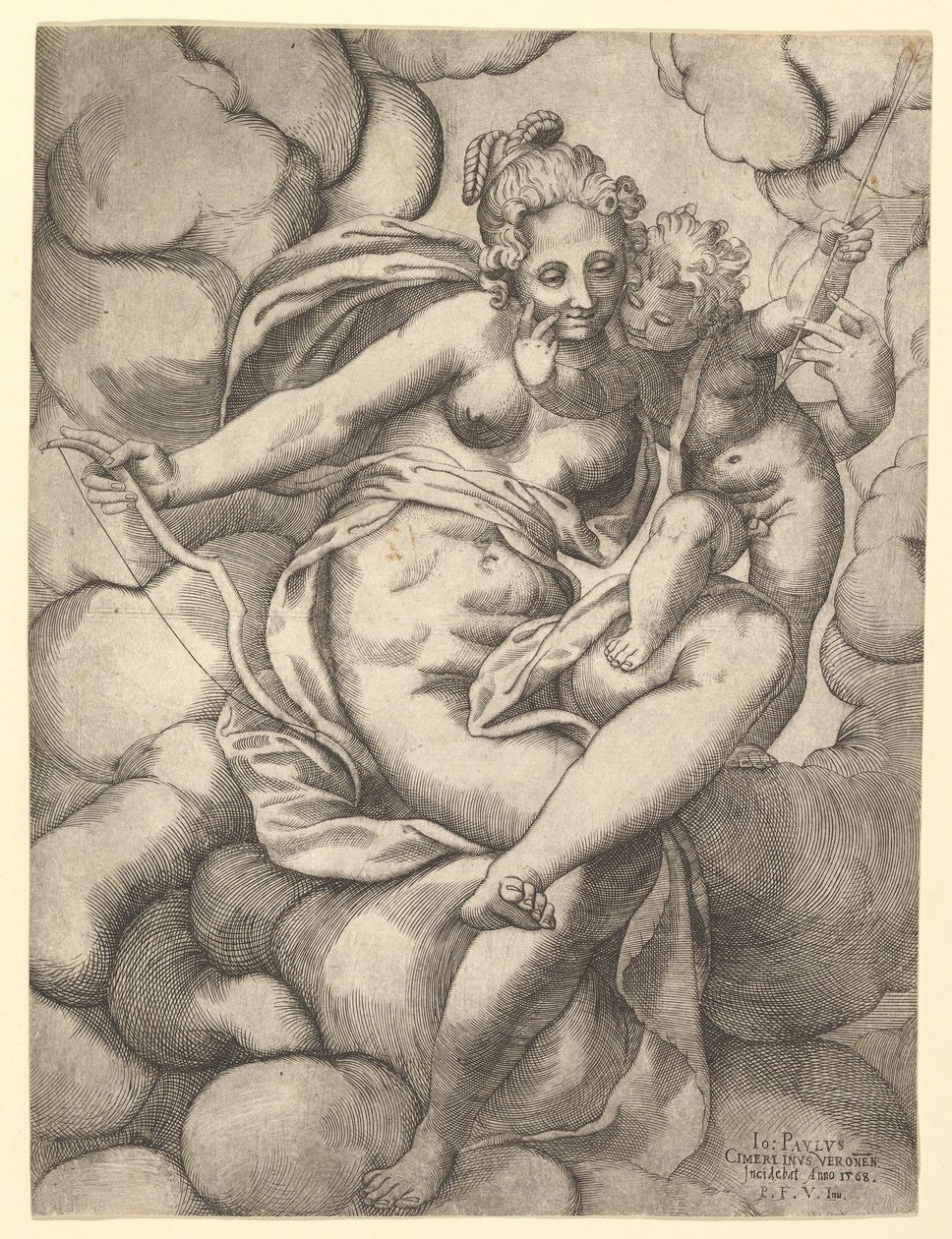 Venus og Amor i skyene, 1568. av Giovanni Paolo Cimerlino