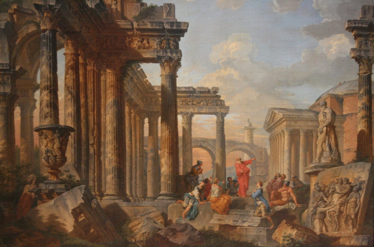 Romerske ruiner med en predikant av Giovanni Paolo Panini