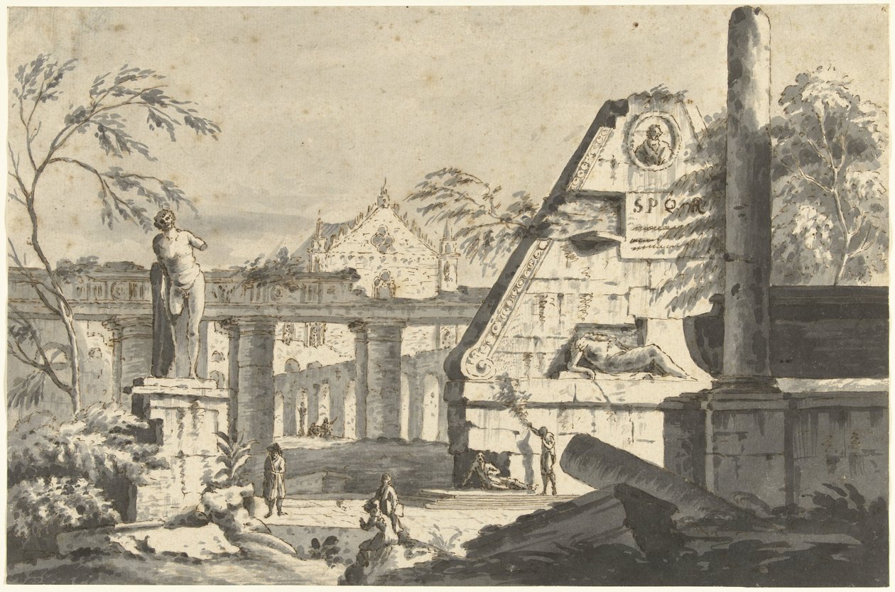 Landskap med gamle ruiner av bygninger og statuer av Giovanni Paolo Pannini (possibly)