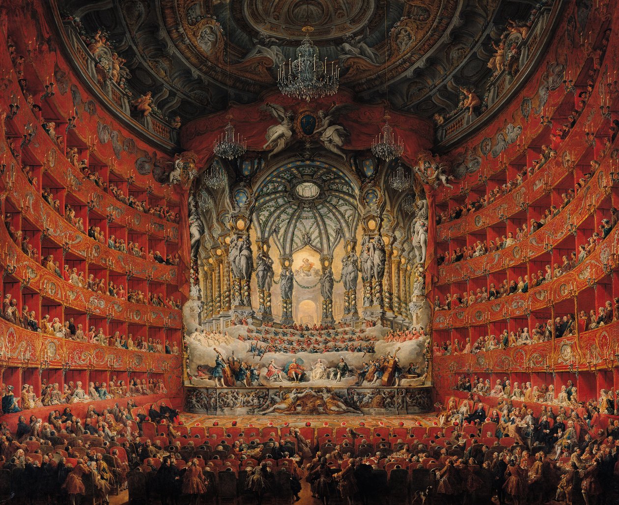 Konsert gitt av kardinal de La Rochefoucauld ved Argentina Theatre i Roma, om ekteskapet til Ludvig den Dauphin (1729-65), sønn av Ludvig XV, med Marie-Josephe av Sachsen (1731-67), 1747 (olje på lerret) av Giovanni Paolo Pannini