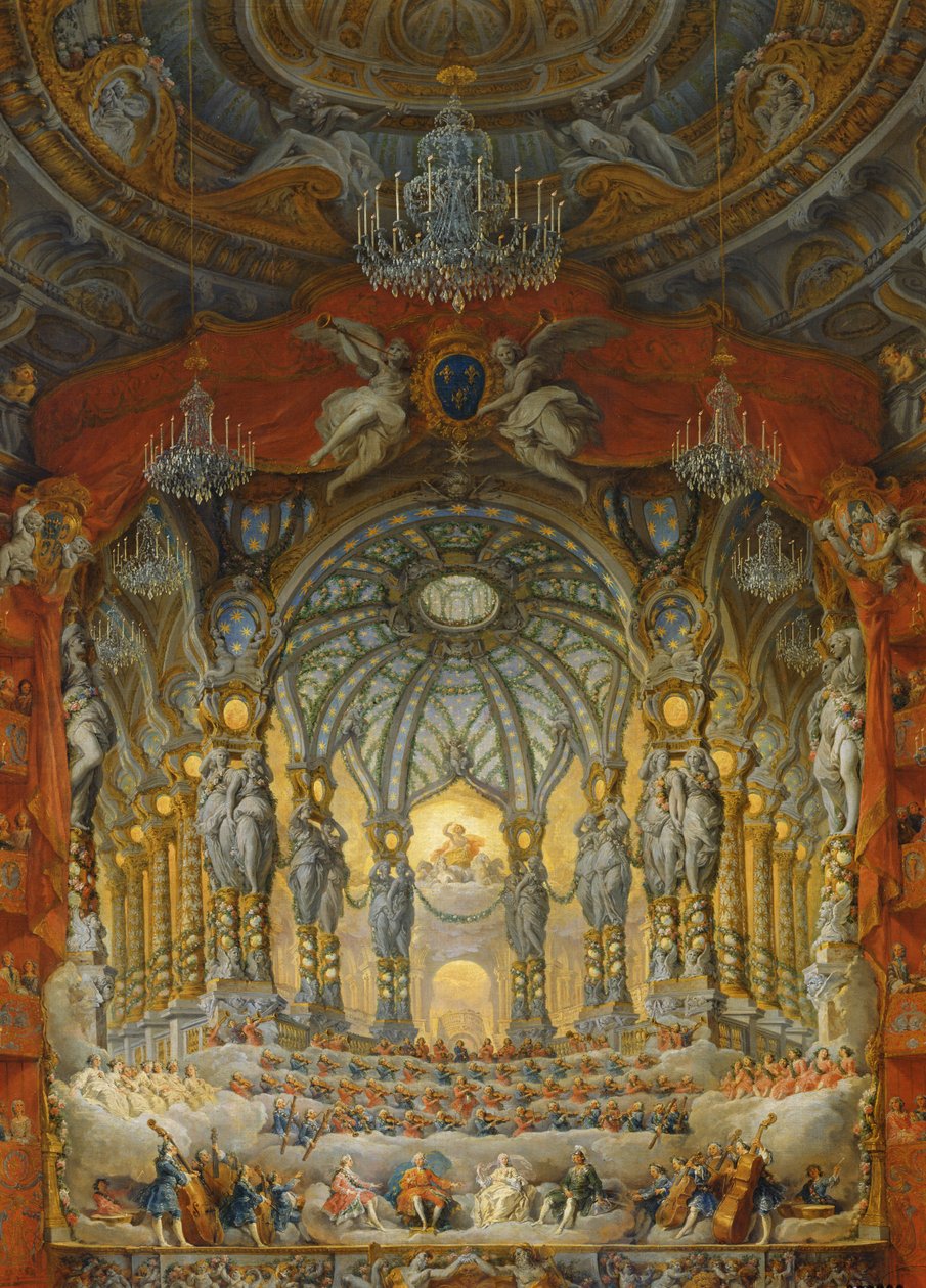 Konsert gitt av kardinal de La Rochefoucauld ved Argentina Theatre i Roma, om ekteskapet til Ludvig den Dauphin (1729-65), sønn av Ludvig XV, med Marie-Josephe av Sachsen (1731-67), 1747 (olje på lerret) av Giovanni Paolo Pannini