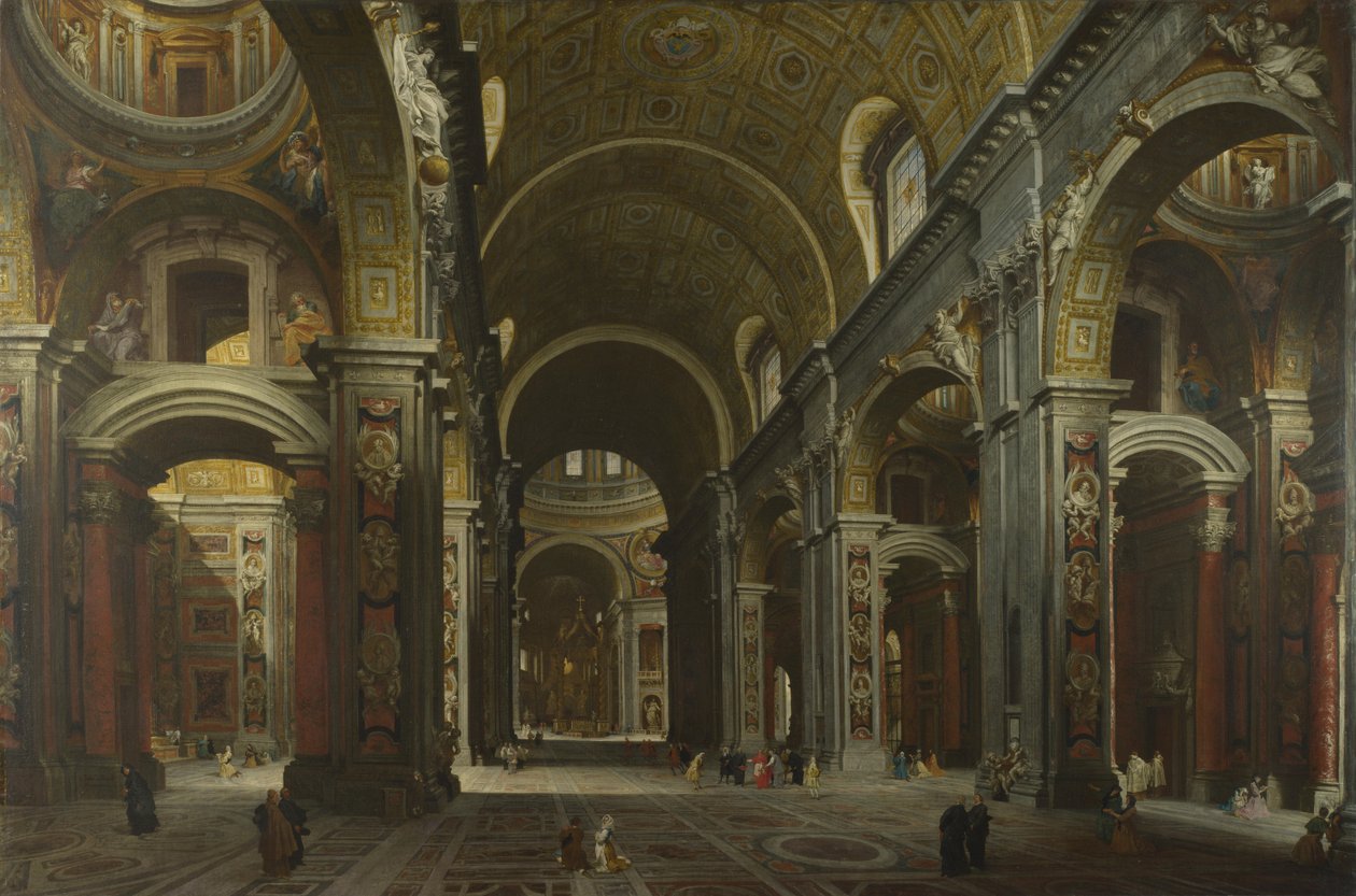 Interiør av Basilica of Saint Peter i Roma, før 1742 av Giovanni Paolo Pannini