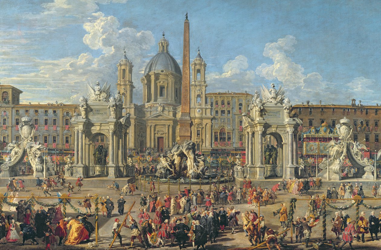 Forberedelse til fyrverkeri som ble holdt på Piazza Navona, Roma, for å feire Dauphins fødsel, 1729 (detalj av 91023) av Giovanni Paolo Pannini