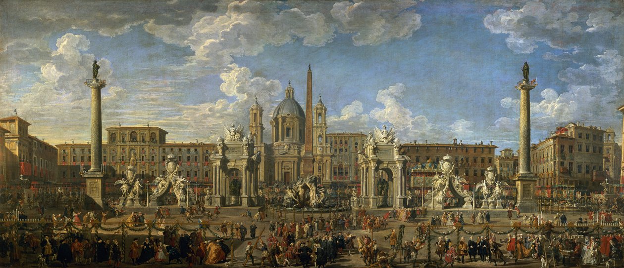 Forberedelse til fyrverkeri som ble holdt på Piazza Navona, Roma, for å feire Dauphins fødsel, 1729 av Giovanni Paolo Pannini