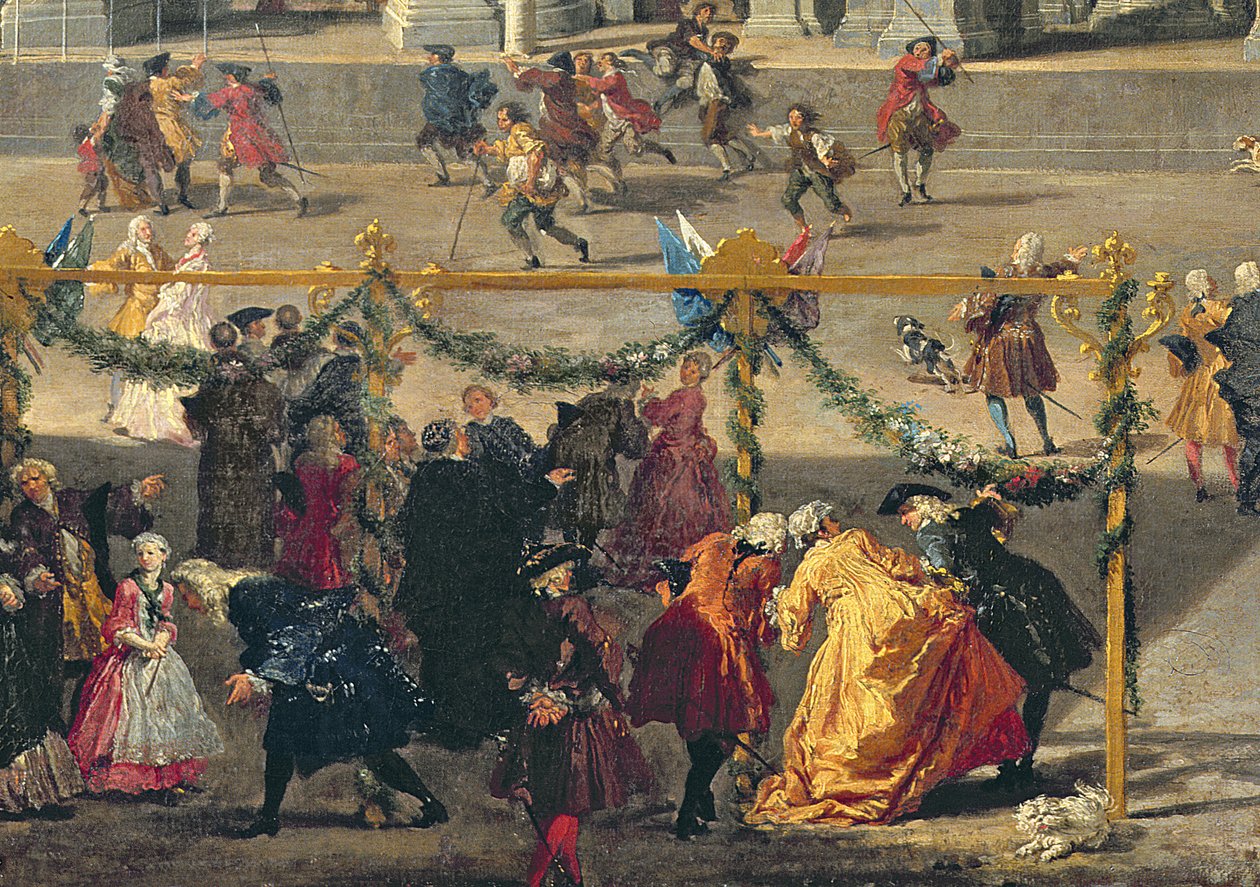 Forberedelse til fyrverkeri som ble holdt på Piazza Navona, Roma, for å feire Dauphins fødsel, 1729 (detalj av 91023) av Giovanni Paolo Pannini