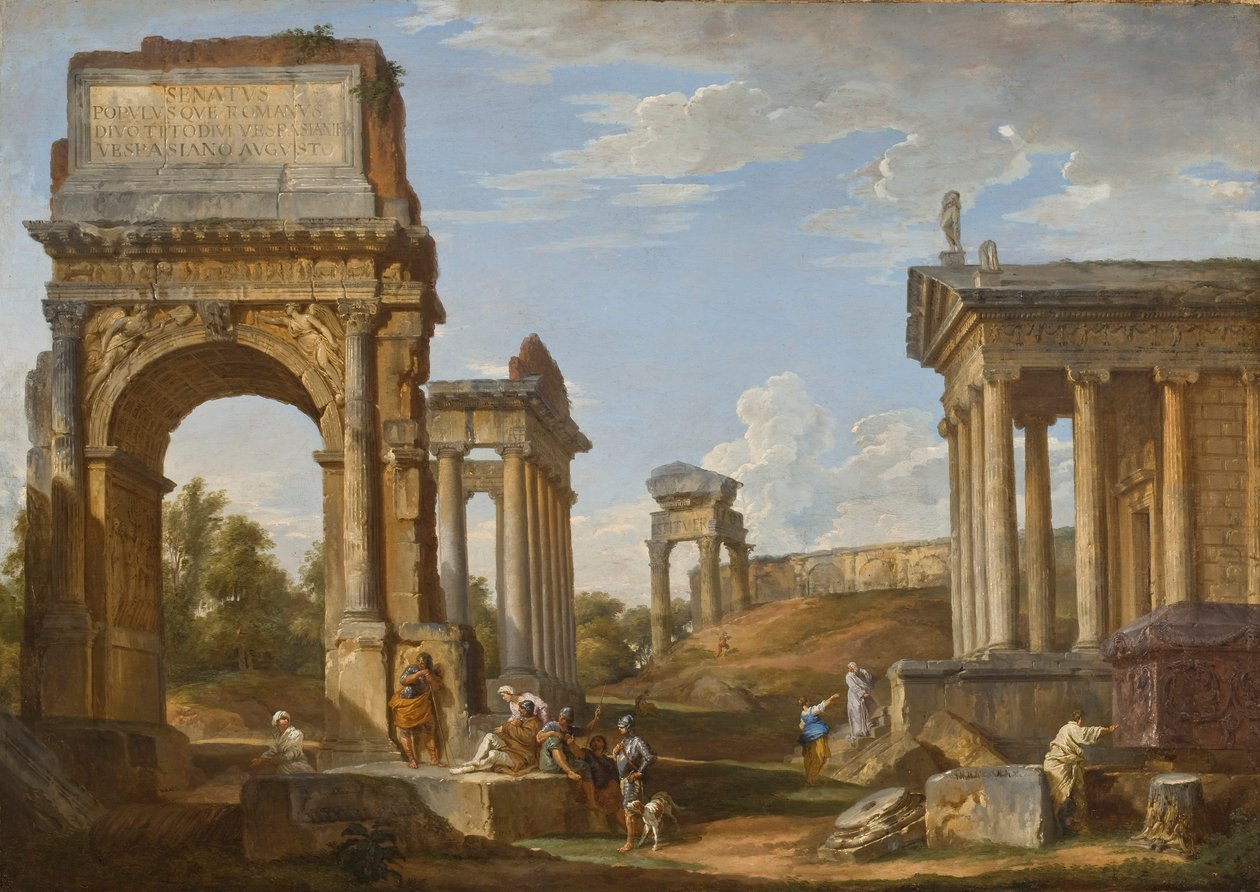 Romerske ruiner med Titusbuen, 1734 av Giovanni Paolo Pannini
